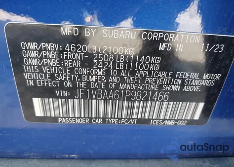 2023 Subaru Wrx from USA, damaged, VIN JF1VBAA61P9821466